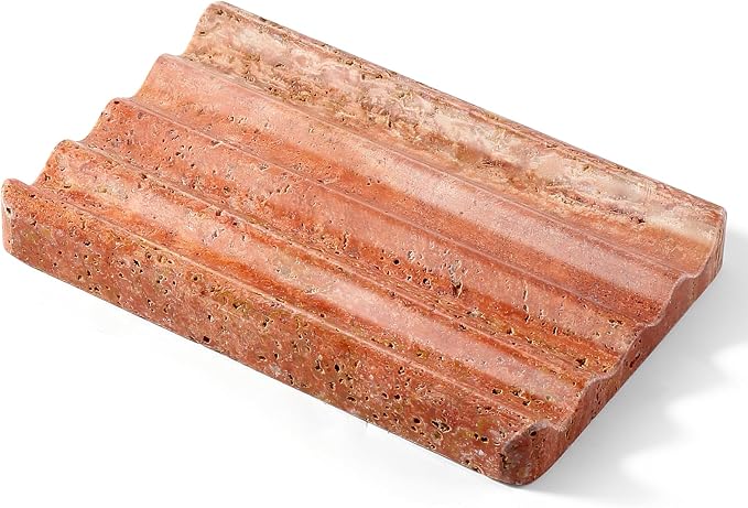 Karibiber Travertine Soap Dish, Red Marble Bar Soap Holder Shower, Bathroom Soaps Saver, Easy Cleaning Natural Stone Sponge Holder for Kitchen Sink, Executive Jewelry Ring Tray