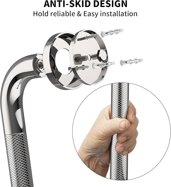 Anti Slip Shower Grab Bar 20 Inch,Chrome Stainless Steel Bath Grab Bar | Knurled Bathroom Safety Rail, Shower Handrail Support, Handicap Elderly Balance Assist Handles-1.25" Diameter