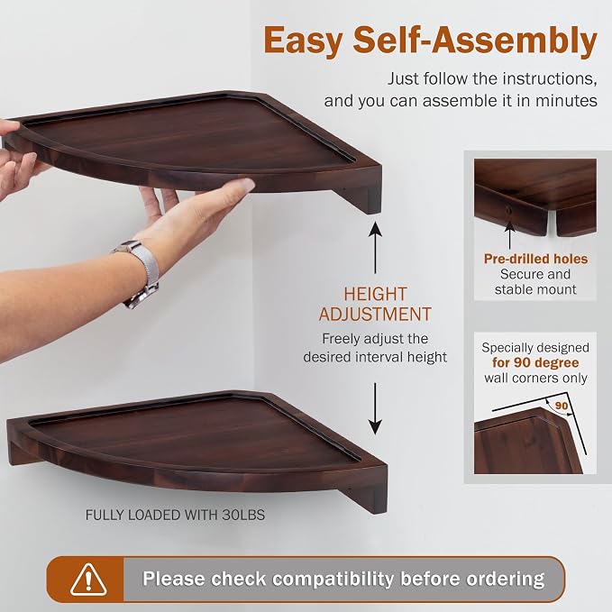 Demigo Round Floating Corner Shelves, Dark Brown Wall Shelf, Set of 2 | Acacia Wood Wall-Mounted Storage Shelves for Home Decor, Living Room, Kitchen, Office & Bedroom, Space-Saving Wood Display