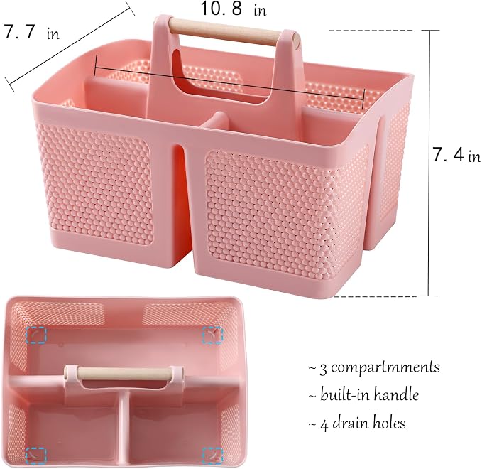 rejomiik Portable Plastic Shower Caddy with Bamboo Handle, Pink | Cleaning Caddy Organizer for Bathroom, College Dorm Room Essentials, Storage Tote