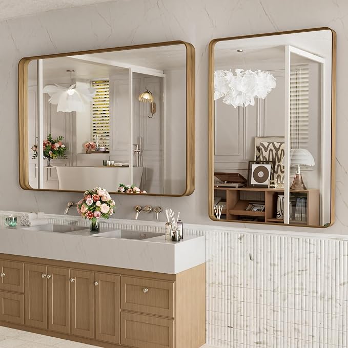 LOAAO 48X32 Inch Bathroom Mirror with Wood Grain Colored Metal Frame | Rounded Rectangle Metal Framed, Anti-Rust, Hangs Horizontally or Vertically, Tempered Glass