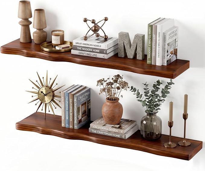 Medium Walnut Finish Floating Shelves with Hidden Bracket, Organic Wavy Edge Wall Shelves, Jointed Solid Pine Construction,Rustic Wall Decor for Living Room & Bathroom (Set of 2-36"