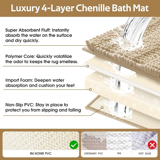 Striped Beige Bathroom Rug Mat Set 2 piece 24"x17"+48"x20" Ultra Soft, Non Slip Chenille Bath Rugs, Absorbent Plush Shaggy Bath Mats for Bathroom, Bedroom, Kitchen, Shower, Tub