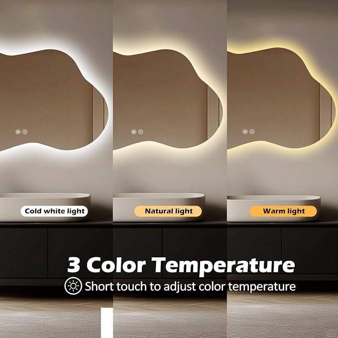 LED Mirror for Bathroom, 22x36 Inch Irregular Backlit Mirror | 3 Colors, Dimmable, Anti-Fog, Memory Function, Horizontal/Vertical, Al Alloy Lampshade, HD Glass, Rust-proof Treatment, UL
