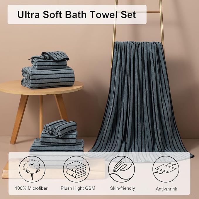 8 Pcs Cabana Stripe Large Towel Set Polyester Bath Hand Towels Washcloths | Fluffy oversize towel with hang loops absorbent quilck dry multiple pack easy replacement family sets for beach pool gym yoga