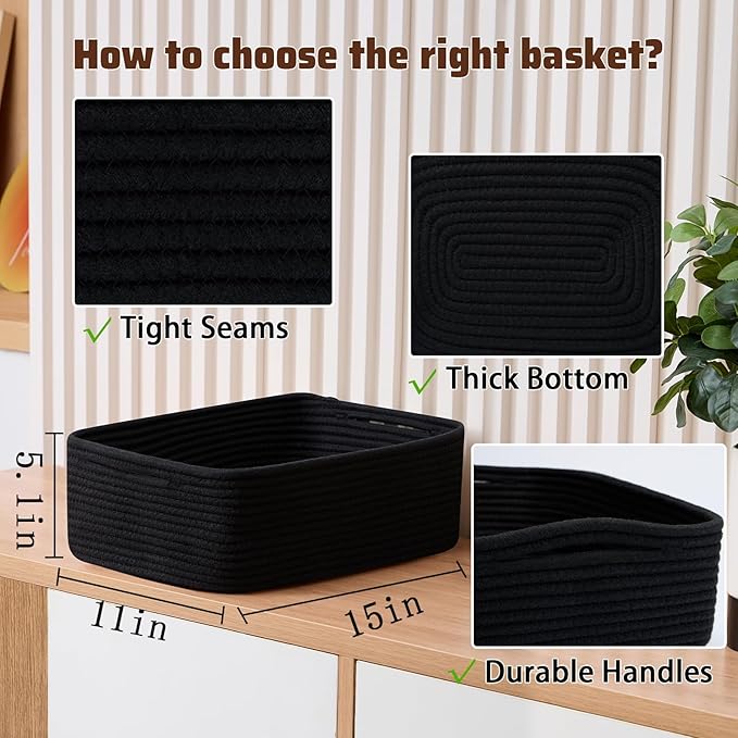 MiniArk Large Shallow Organizing Baskets 15x11x5.1 Inches - Rope Woven Storage Bins for Bathroom, Shelves, Cube Closet, Black 2 Packs