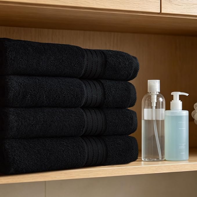 COZYART Luxury Bath Towels 4 PCS, 27x54 650 GSM Turkish Cotton, Black | Zero Twist 100% Ring Spun Cotton, Fluffy, Ultra Soft, Super Absorbent, Quick Dry, Large Towels for Hotel Spa Bathroom Shower