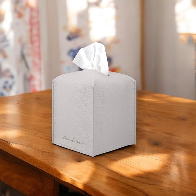 Premium PU Leather Tissue Box Holder - Elegant Hotel-Style Tissue Box Cover for Home, Office & Car Décor, Tissues Cube Organizer for a Natural & Classic Look (Light-Grey 2 Pack)