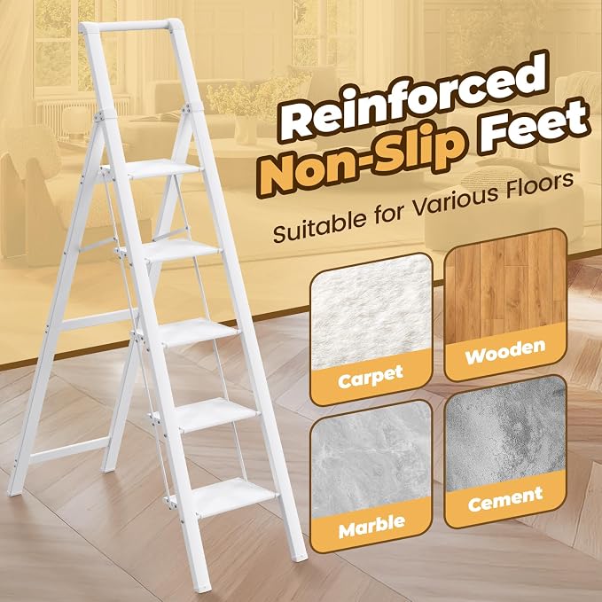 HBTower 5 Step Ladder, Lightweight Aluminum Folding Step Stool | Anti-Slip Wide Pedal, 330lbs Capacity Step Ladder for Household Kitchen Office, White