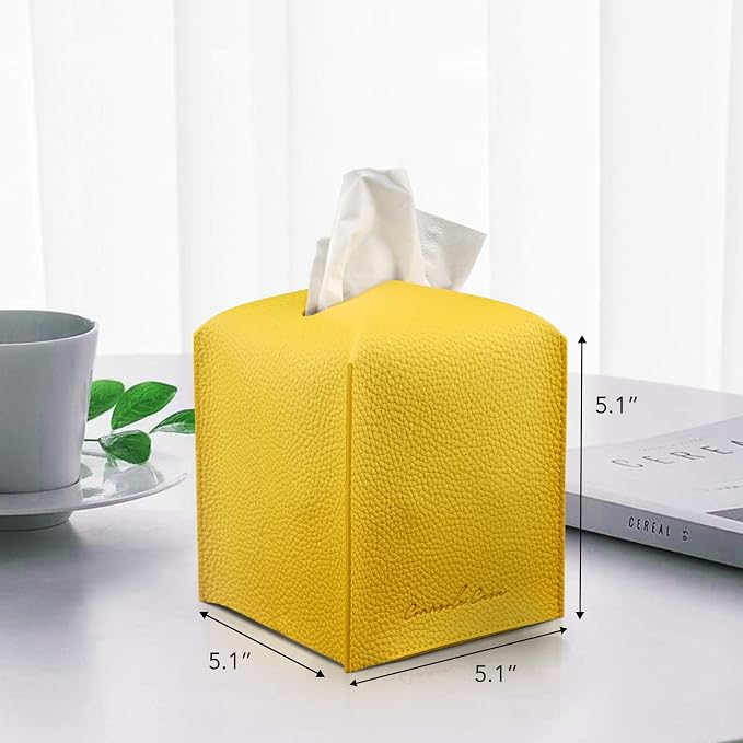 Premium PU Leather Tissue Box Holder - Elegant Hotel-Style Tissue Box Cover for Home, Office & Car Décor, Tissues Cube Organizer for a Natural & Classic Look (Yellow 2 Pack)