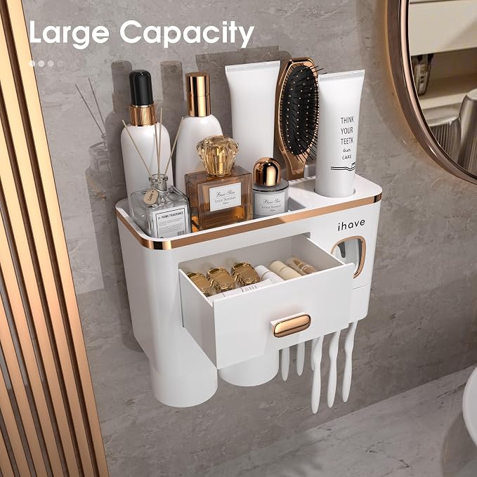 iHave Toothbrush Holders Bathrooms Wall Mount Toothpaste Dispenser & 2 Cups | Elegant White & Gold Bathroom Decor: 2 Cups, 6 Slots, Toothpaste Dispenser, Tray & Drawer Wall Mount Toothbrush Organizer