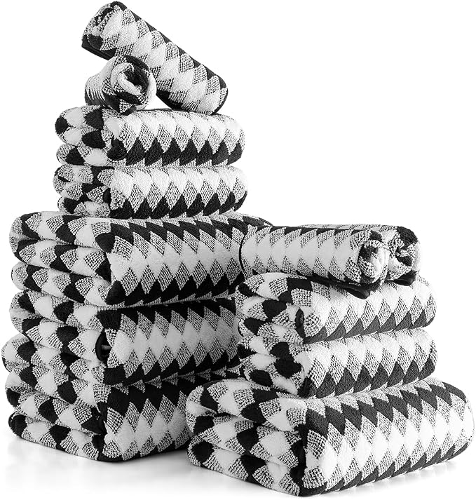 12 Pcs Black White Diamond Towel Set-4 Bath Towels,4 Hand Towels,4 Washcloths Soft Polyester Towels with Loop Absorbent Shower Towel Quick Dry Beach Chair Towel Family Towels for Bathroom Spa Gym Pool