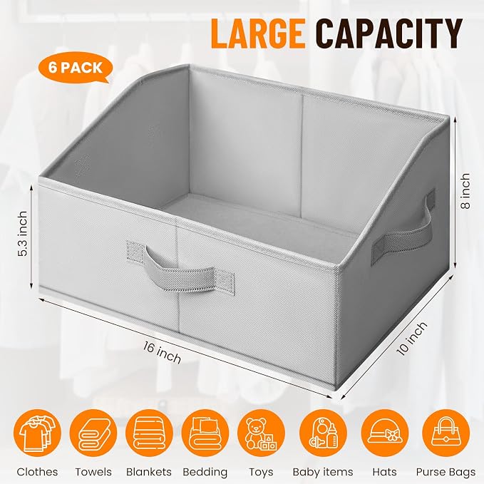 Closet Organizers Bins 6 Pack - Large Closet Shelf Organizer with Handles - Fabric Trapezoid Home Organization and Storage Baskets for Organizing Clothes Toy Blanket Towel Purse Hats