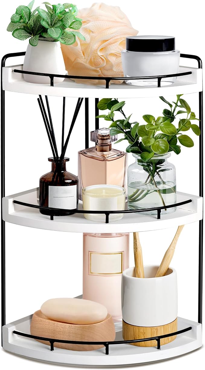 3 Tier Bathroom Counter Organizer, Bathroom Counter Tray and Vanity Organizer, Wood Corner Countertop for Kitchen, Dresser (White)