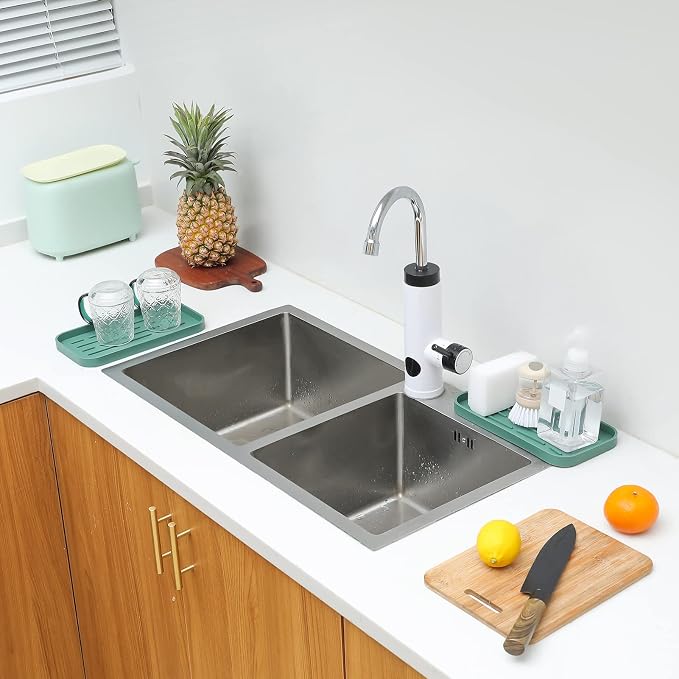 MicoYang Silicone Kitchen Sink Organizer Tray for Multiple Usage,Eco-Friendly Sponges Holder for Kitchen Bathroom Counter or Sink,Dish Soap Dispenser,Scrubber,Bottle,Cup (Green, 10"×5.3")