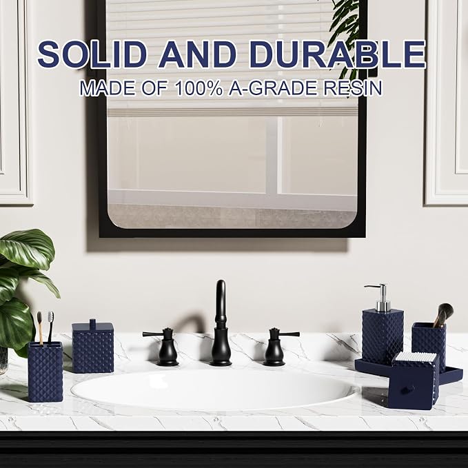 Bathroom Accessories Set Resin 6PCS, Square Toothbrush Holders Set Complete with Soap Dispenser, Vanity Tray, Tumbler, Cups and Cotton Swab Jars (Navy Diamond, Resin Bath 6 PCS)