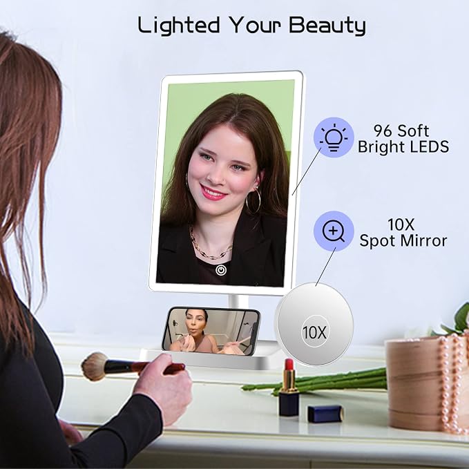 FUNTOUCH 4500mAh Large Makeup Vanity Mirror with Lights & 96 LED,White | Rechargeable Lighted Makeup Mirror with 10x Magnifying Mirror,3 Color Lighting 360°Rotation Touch Dimmable with Phone Holder