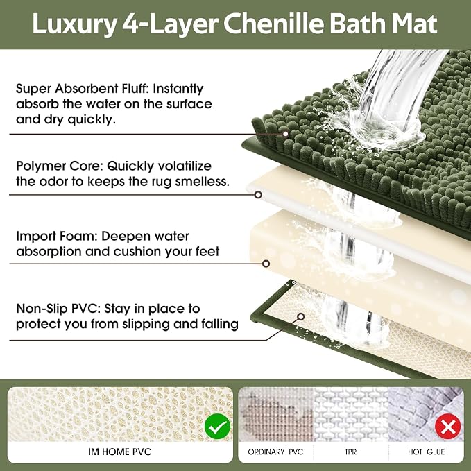Christmas Striped Olive Green Bathroom Rug Mat Set 2 piece 24"x17"+48"x20" Ultra Soft, Non Slip Chenille Bath Rugs, Absorbent Plush Shaggy Bath Mats for Bathroom, Bedroom, Kitchen, Shower, Tub