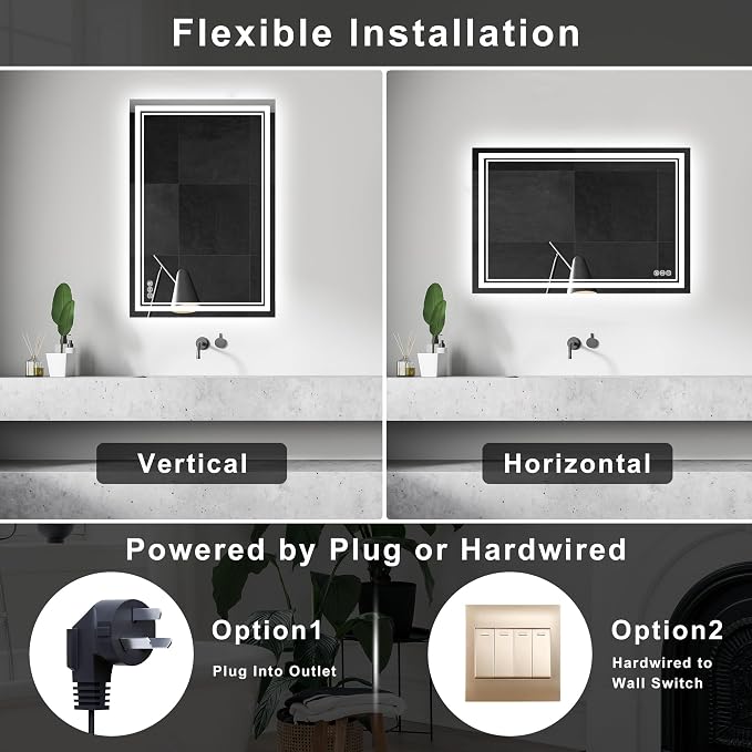 Lighted Mirrors for Bathroom Wall Backlit + Front Lit, Rectangular LED Bathroom Mirror Frameless with Lights Anti Fog, Dimmable, 3 Colors,Tempered Glass, Shatter-Proof (Color 1, 40‘’x30'')
