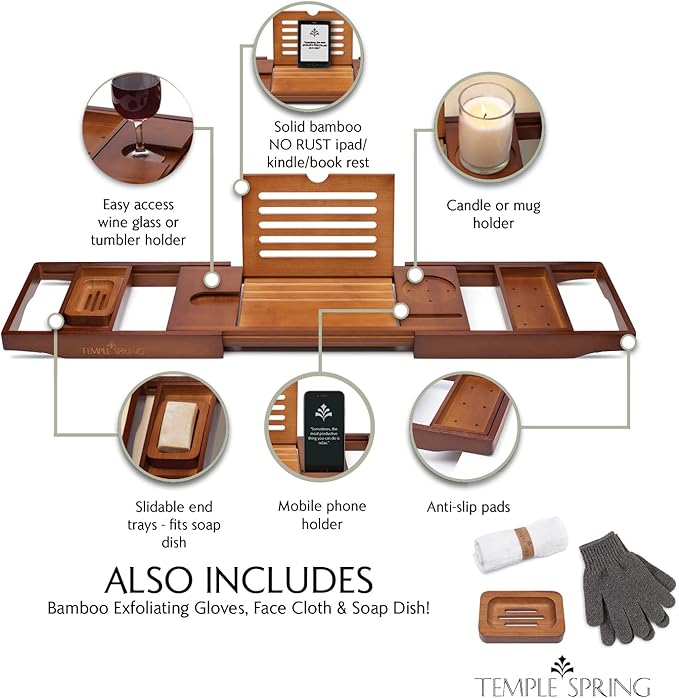Bamboo Bathtub Tray Caddy for Tub — Expandable Wood Bath Tray with Solid Book Stand Wine Holder and Non-Slip Pads — Includes Bamboo Soap Dish and Spa Accessories — Luxury Bath Gift Set