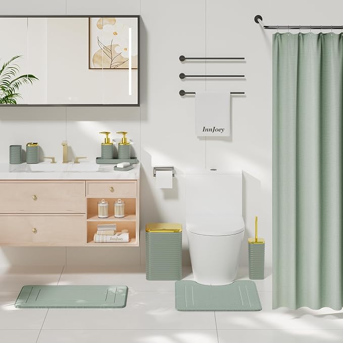 Bathroom Set - 25PC Bathroom Sets with Shower Curtain and Rugs, Sage Green Bathroom Set, Bathroom Accessory Set, Luxury Bathroom Accessories Set, Trash Can, Toilet Brush & Soap Dispenser
