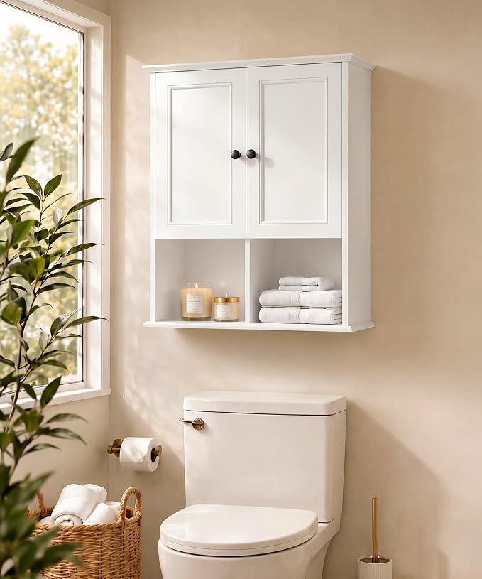 HAIOOU 23.6 inch Bathroom Wall Cabinet with Motion Sensor Light - White | Wall Mount Medicine Cabinet with Recessed Panel Doors, Adjustable Glass Shelf, Soft Close Hinges for Over the Toilet Storage