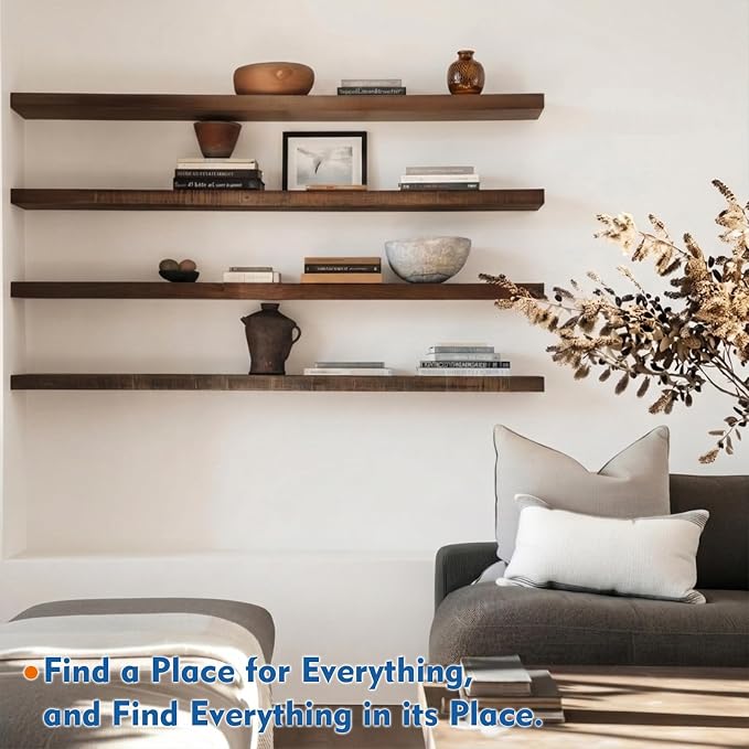 Harwaya 48 inch Floating Shelves Dark Wood, Long Wall Shelves for Bedroom | Walnut Brown, Antique Heavy Duty Hanging Shelves Set of 2, Living Room Kitchen Bathroom Office Laundry Room Entryway Island