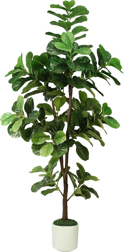7FT Artificial Fiddle Leaf Fig Tree with White Planter & Fake Moss, Realistic Faux Ficus Lyrata Floor Plant for Indoor Home Office Decor, Housewarming Gift
