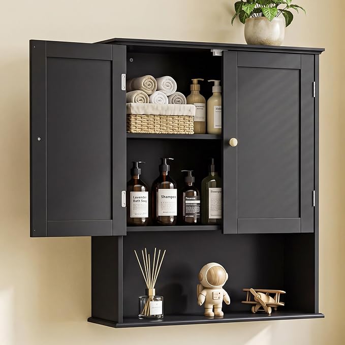 Bathroom Wall Cabinet, Black 30" x 24" Wall Mounted Medicine Cabinet, Over Toilet Storage Hanging Cabinet Adjustable Shelves Cupboard with Large Space for Laundry Room, Bedroom, Kitchen, Entryway