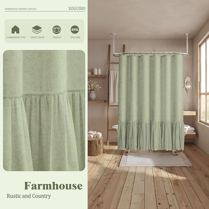 Farmhouse Shower Curtain Ruffle Linen Flax Green 72" W x 96" L | Linen Fabric, Farmhouse Boho, Bottom Ruffle, Rustic, Country, Natural Look, Washable, Shower Curtain for Bathroom Bathtub