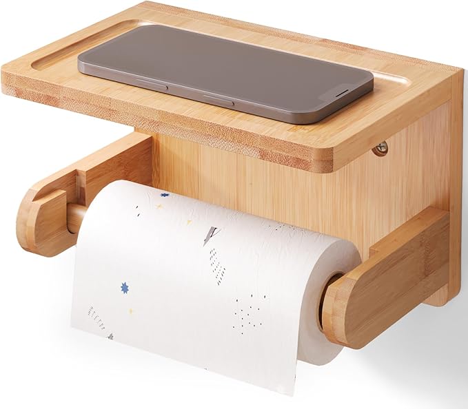 VERTORGAN 1 Pack Bamboo Toilet Paper Holder with Phone Shelf(Natural) | Bathroom Tissue Holder,Wall Mounted Rack,Space-Saving Organizer,Phone Shelf Stand,Easy Installation,Toilet Paper Rack