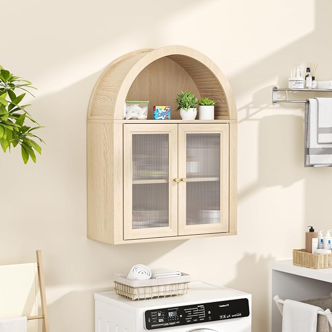 Medicine Cabinet with Arched Top, Bathroom Wall Cabinet Over Toilet with Wave Pattern Acrylic Doors and Removable Shelf, Roman Style Small Wall Cabinets for Kitchen, Living room, Laundry Room, Oak