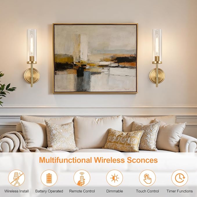 Battery Operated Wall Sconce Set of 2，Brushed Gold Wireless Rechargeable Wall Lighting Fixtures with Remote Control，Dimmable Wall Light for Bathroom ，Vanity, Living Room, Bedroom, Hallway, Stairway