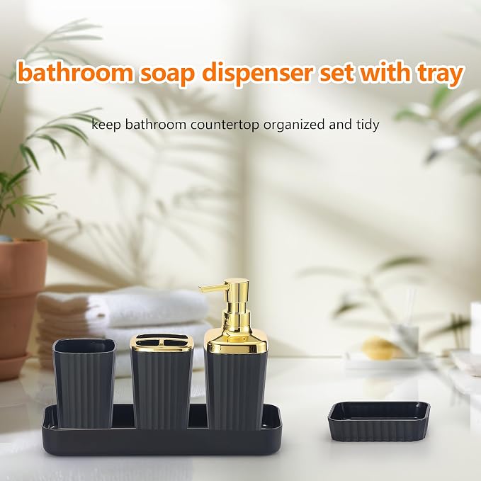 9 PCS Black Bathroom Accessories Set with Trash Can Bathroom Accessory | All-in-One Kit with Trash Can,Toothbrush Holder,Soap Dispenser,Toothbrush Cup,Vanity Tray,Soap Dish,Toilet Brush etc for Home