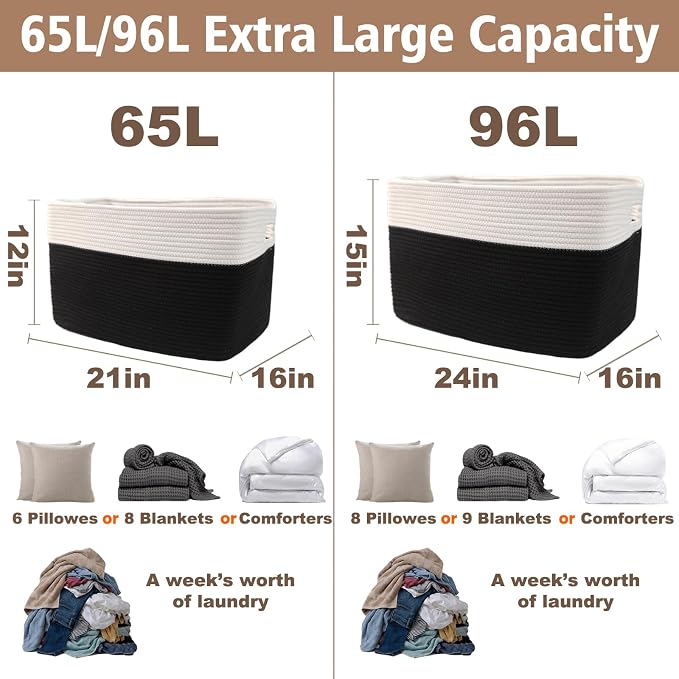 JMvicyroam 65L Large Woven Cotton Rope Blanket Basket, White&Black | Blanket storage for living room or bedroom use, Freestanding with reinforced handles, Entire basket is machine washable