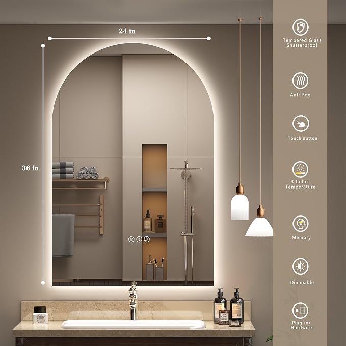 24x36 Inch Backlit Arched LED Bathroom Mirror | Dimmable LED Vanity Mirror with Lights, Anti-Fog, Shatter-Proof, 3 Colors, Memory, ETL Listed
