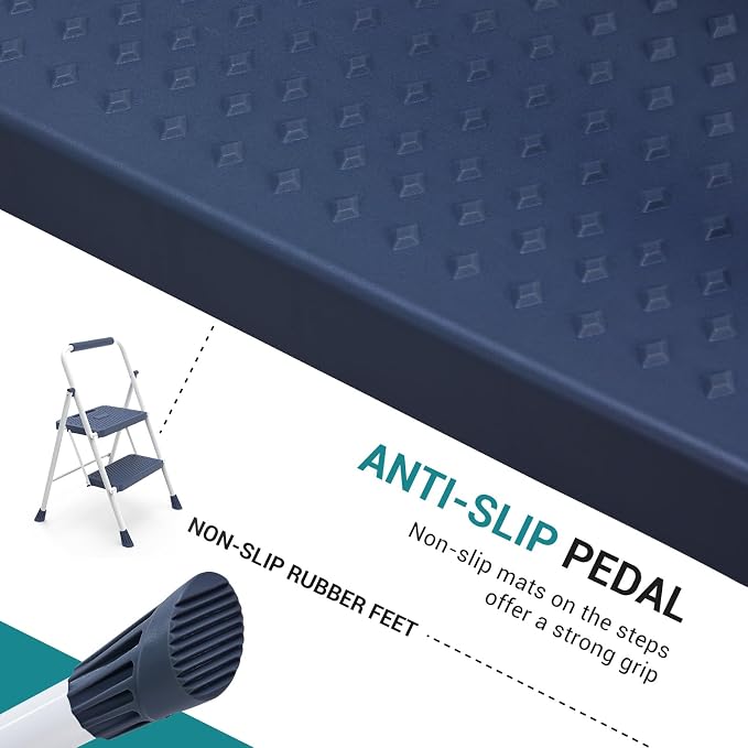 OLIXIS 2 Step Ladder, 800lbs Foldable Step Stool with Anti-Slip Pedal | Heavy Duty Portable Stepping Stool with Sturdy Steel Ladder & Comfortable Handrail, for Kitchen, Garage, Outdoor Use - Blue