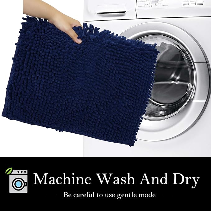 Bathroom Rugs Chenille Bath mat 2 Piece Set, Super Absorbent, Strong PVC Non Slip Backing, Bath mats for Bathroom, Plush Shaggy, Thick, Machine Washable, Bathtub, Toilet.(Navy Blue)