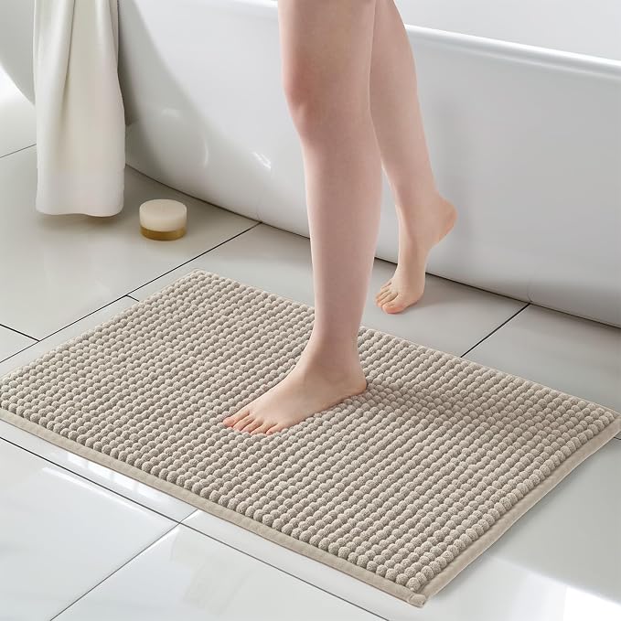 FRESHMINT Thick Chunky Chenille Bathroom Rug, Beige, 20"x32" | Non-Slip Backing, Water Absorbent Surface, Machine Washable Care, Cushioned Comfort, Bathroom Floor Use