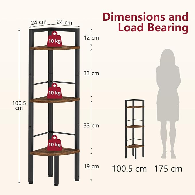 Corner Shelf Stand 3 Tier 39.5" with Metal Frame, Rustic Brown | Industrial Small Corner Shelf Narrow, Multipurpose Tall Corner Bookshelf, Corner Table Bedroom, Living Room, Office, Kitchen