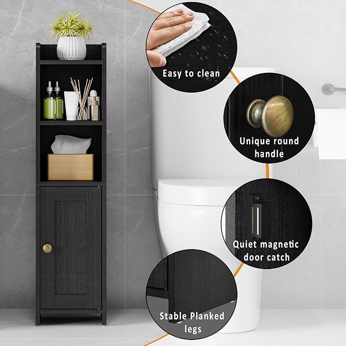 Lomojo Small Bathroom Storage Cabinet Corner, 7.87"Dx7.87"W x31.5"H (Black) | Freestanding Narrow Toilet Paper Holder, Organizers for Bathroom Small Spaces Floor Cabinet with Adjustable Shelves and Door