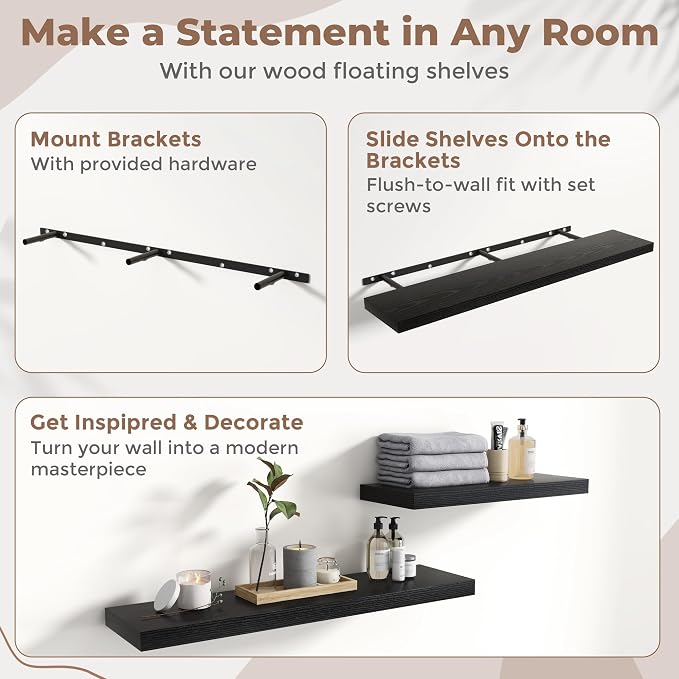 48 Inch Floating Shelves for Wall 2 Pack, 8"D Wood Grain Bathroom Shelves | Invisible Brackets, Black Finish, Easy Install | Engineered Wood Storage Shelves for Kitchen, Study, Bedroom