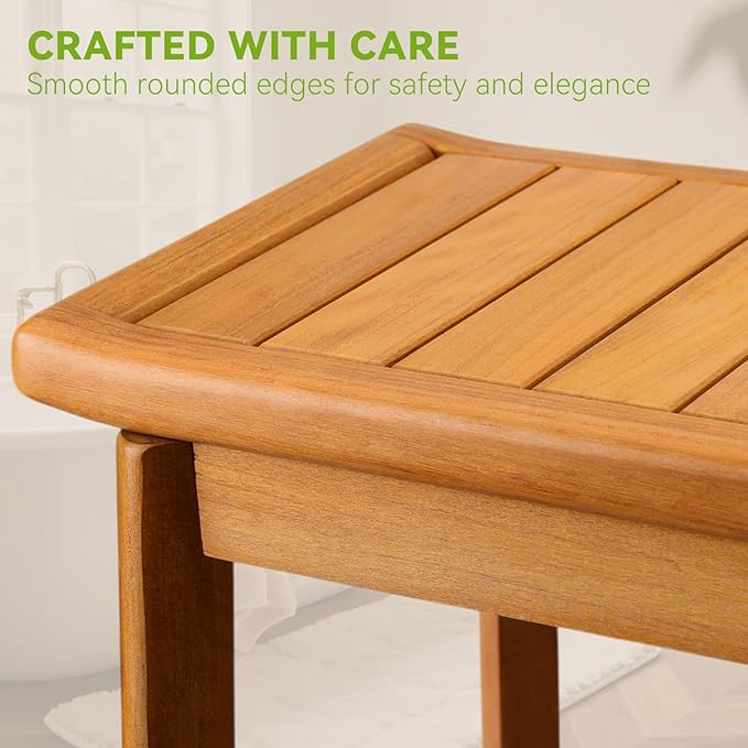 Teak Shower Bench for Inside Shower, Waterproof Wooden Shower Stool | Shower Stool with Storage Shelf, Non Slip Bathroom Seat for Safe Bathing & Daily Support, Compact Spa Shower Bench (14 Inch)