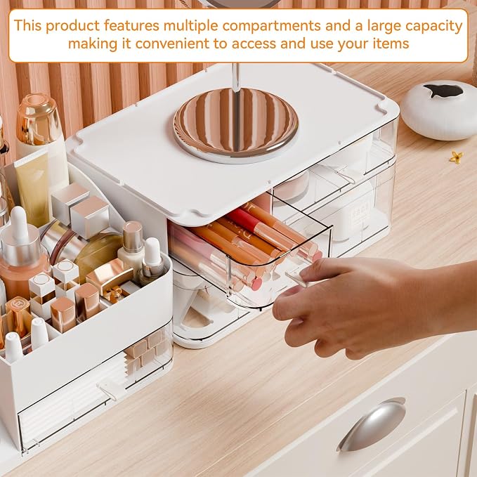 White Makeup Organizer Countertop With 4 Drawers,Large Cosmetics Storage Organizer for Brush,Hair Products,Plastic Makeup Holders and Beauty Skincare Organizers for Bathroom,Vanity,Dresser Top