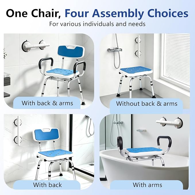 Swivel Shower Chair with Handle 500lbs Capacity Adjustable Arms & Back | 360° Swivel, 5-Level Height Adjust, Non-Slip Feet, Tool-Free Assembly With Extra Suction Bath Grab Bar