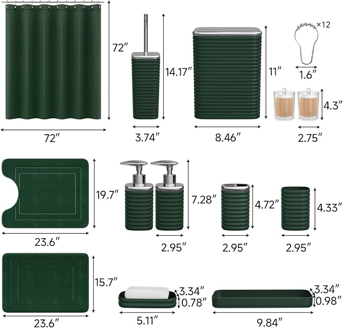 Bathroom Set - 25PC Bathroom Sets with Shower Curtain and Rugs, Green Bathroom Set, Bathroom Accessory Set, Luxury Bathroom Accessories Set, Trash Can, Toilet Brush, Soap Dish & Soap Dispenser