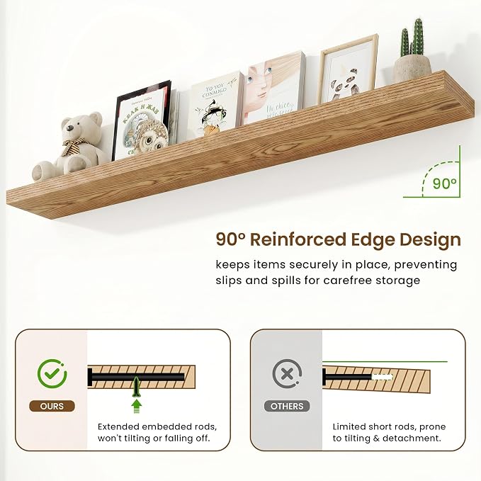 9.25in Depth 72in Floating Shelves, 72x9.25x1.4,Light Brown, Set of 1 | Long Wall Mounted Engineered Wood Shelves with Invisible Brackets for Living Room, Bedroom, Bathroom, Kitchen,
