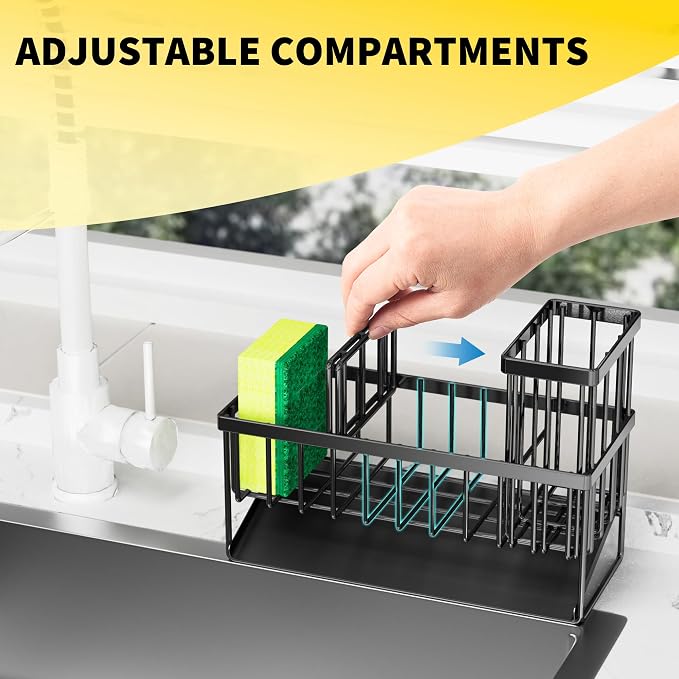 Cisily Sink Caddy Sponge Holder for Kitchen with Brush Holder and Stainless Steel Self Drain Tray, Rustproof Kitchen Sink Organizer for Sponge, Soap Dispenser Storage Accessories