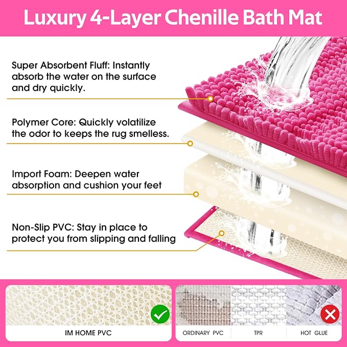 Christmas Striped Hot Pink Bathroom Rug Set 3 Pieces Ultra Soft, Non Slip Chenille Toilet Mat, Absorbent Plush Shaggy Bath Mats for Bathroom, Bedroom, Kitchen, Peach