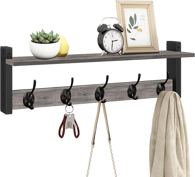 Wall Hooks With Shelf, 24 Inch Coat Rack Wall Mount for Entryway, Clothes, Backpack, Key, Purse - Floating Shelf Hanging in Bathroom, Bedroom, Hallway, Rustic Grey